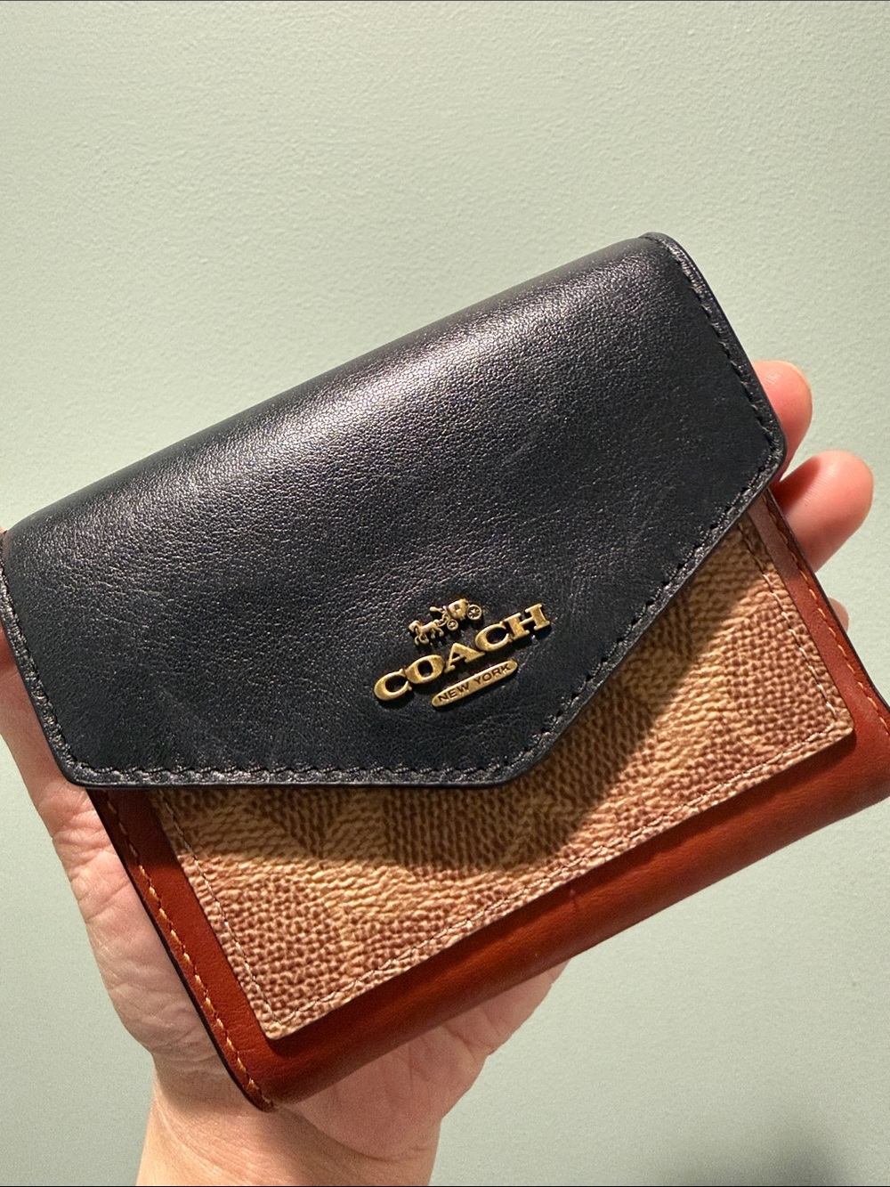 Coach Trifold Wallet in Burgundy, Tan & Brown with Gold Logo